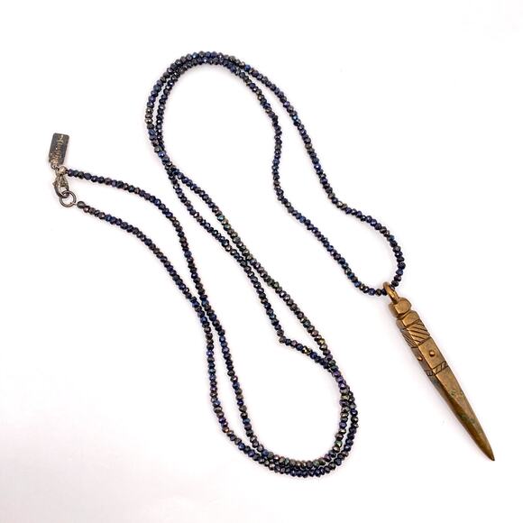 DYLAN K Dagger Copper Pendant On Caviar Black Pyrite Beaded Necklace MSRP 220 - Picture 2 of 11
